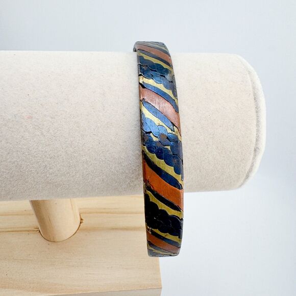 Vintage Copper Brass & Black Enamel Cuff Bracelet Mixed Metal Boho Tribal Rustic - Picture 5 of 7